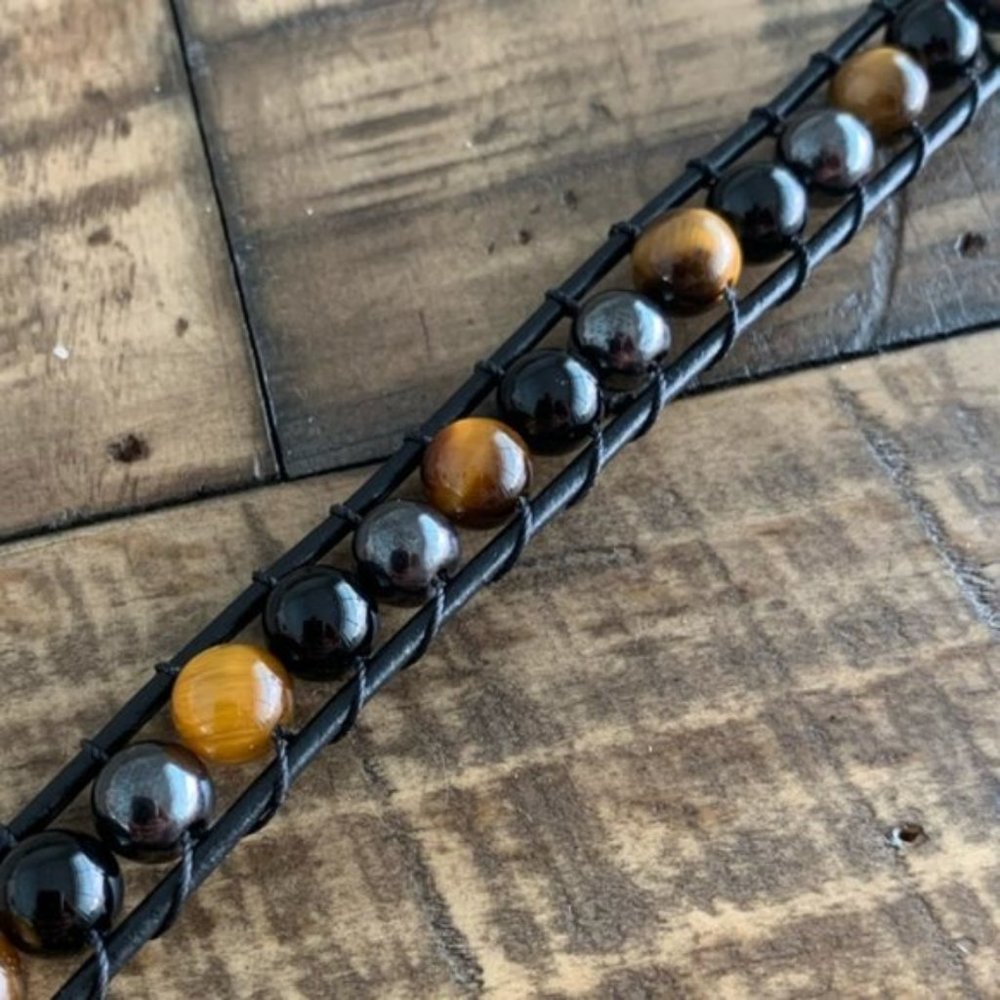Tiger Eye - Black Onyx - Hematite Leather Bracelet - Picture 3 of 5